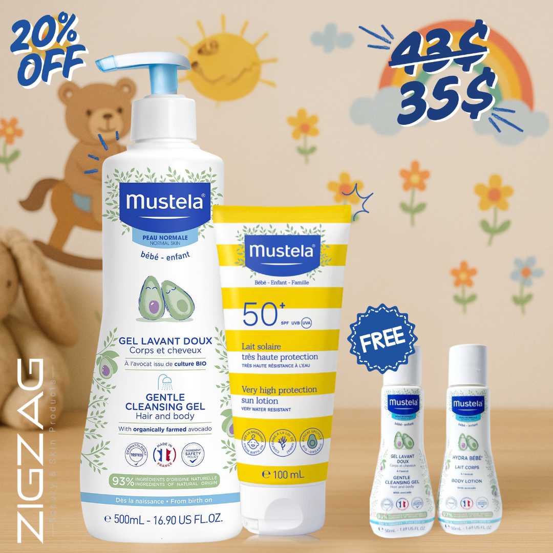 Mustela Gentle Cleansing Gel Hair and Body 500ml + Mustela Sun Protection Milk 100ml + Free 2 Mini Shampoos-1