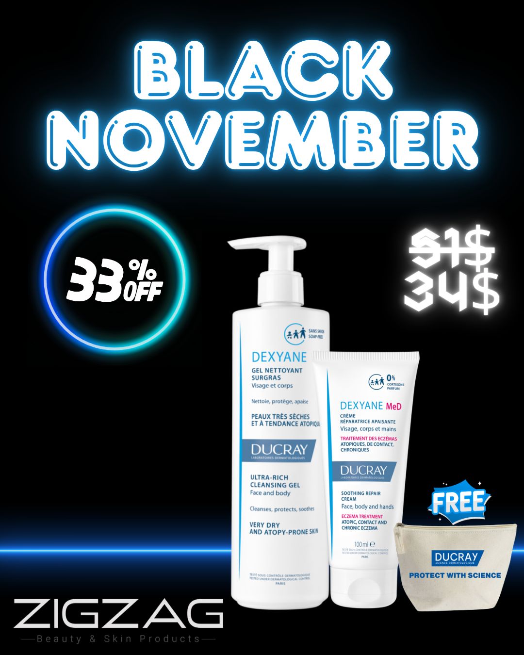 Ducray Dexyane Cleansing Gel + Dexyane Med Cream 33% Off with Free Ducray Pouch-1