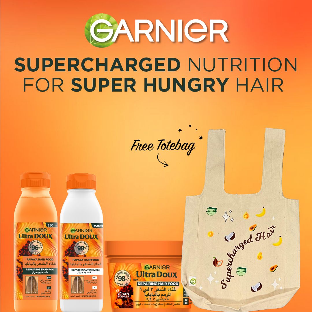 Garnier Ultra Doux Papaya Hair Food Repairing Shampoo, Conditioner, and Mask Set with Free tote bag.-2
