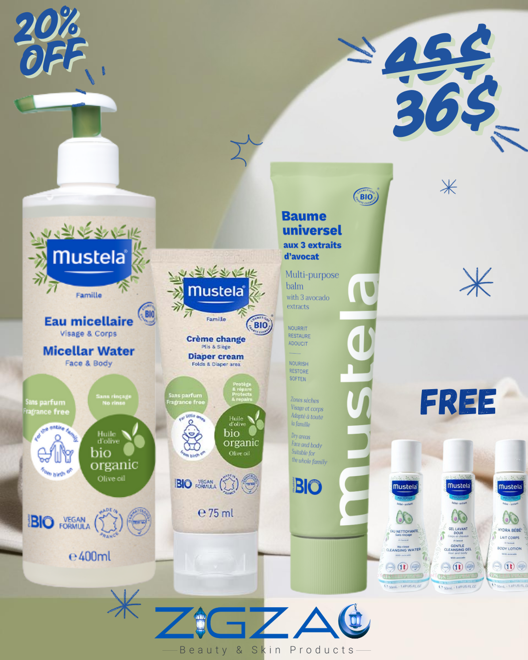 Mustela Bio Organic Micellar Water 400ml, Diaper Cream 75ml, Universal Cream 100ml, 3 Free Minis- Eau Nettoyante, Hydra Bebe, Gel Lavant Doux-2