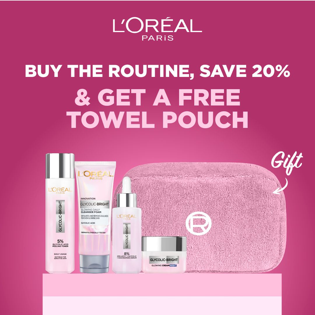 L'Oréal Paris Cannes Festival Glycolic Bright Skincare Set + Free Pink Cosmetic Pouch-2