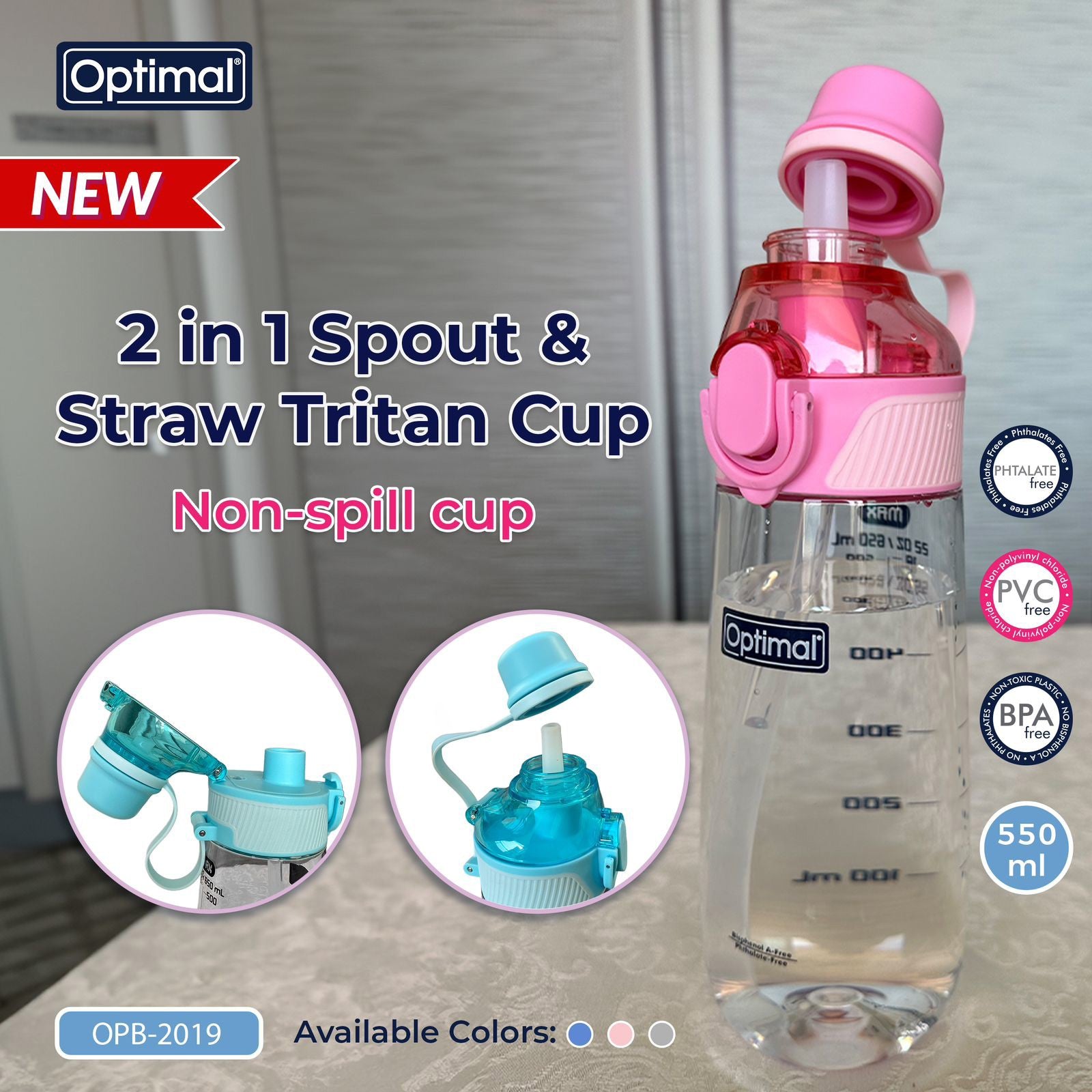 Optimal 2 in 1 Spout & Straw Tritan Cup Non-Spill – 550ml for Versatile, Spill-Free Hydration-1
