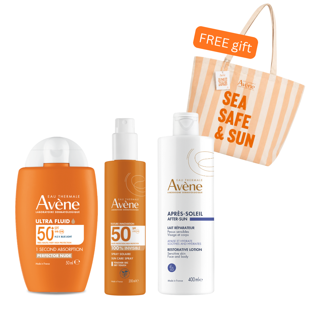 Avene Ultra Fluid SPF50 50ml + Avene Sun Care Spray SPF50 200ml + Avene After-Sun Restorative Lotion 400ml Get Free Tote Bag – Sun Protection Set