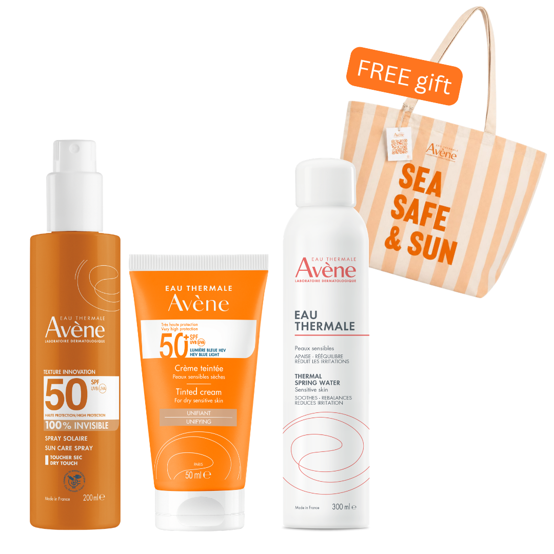 Avene High Protection Tinted Cream SPF50 50ml + Avene High Protection Invisible Sun Spray SPF50 200ml + Avene Thermal Spring Water 300ml Get Free Tote Bag – Sea Safe & Sun Set