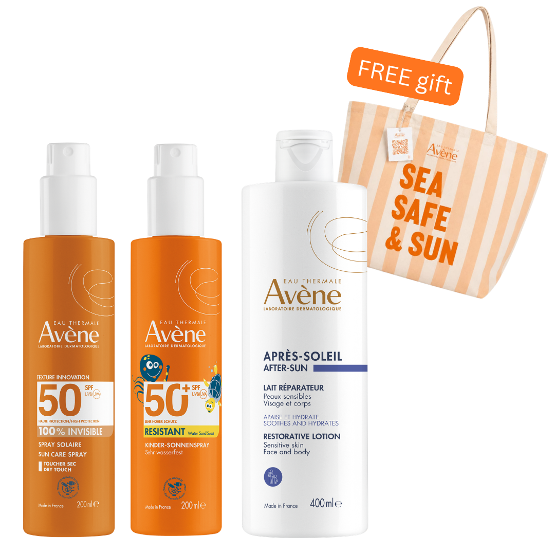 Avene High Protection Invisible Sun Spray SPF50 200ml + Avene Kids SPF50+ 200ml + Avene After-Sun Restorative Lotion 400ml + Get Free Tote Bag – Sea Safe & Sun Bundle