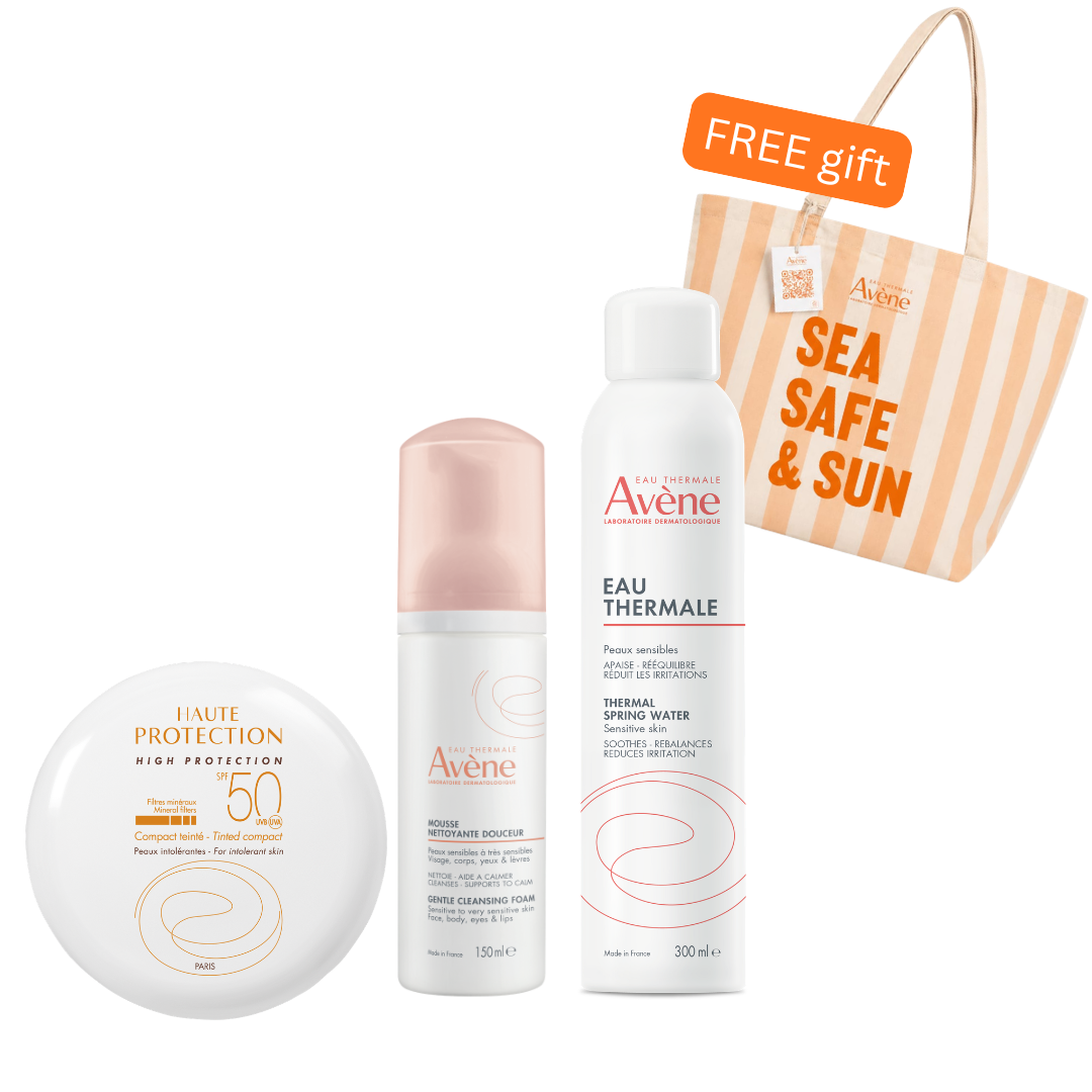 Avene High Protection Compact Tinted Sand SPF50 10g + Avene Cleansing Foam 150ml + Avene Thermal Spring Water Spray 300ml +Get Free Sea Safe & Sun Tote Bag – Complete Sun & Skincare Set