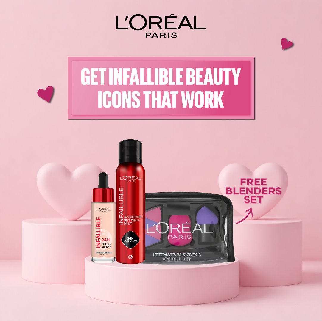 L’Oreal Paris Infallible Tinted Serum 24H + Infallible 3-Second Setting Mist get Free Blenders Set-2