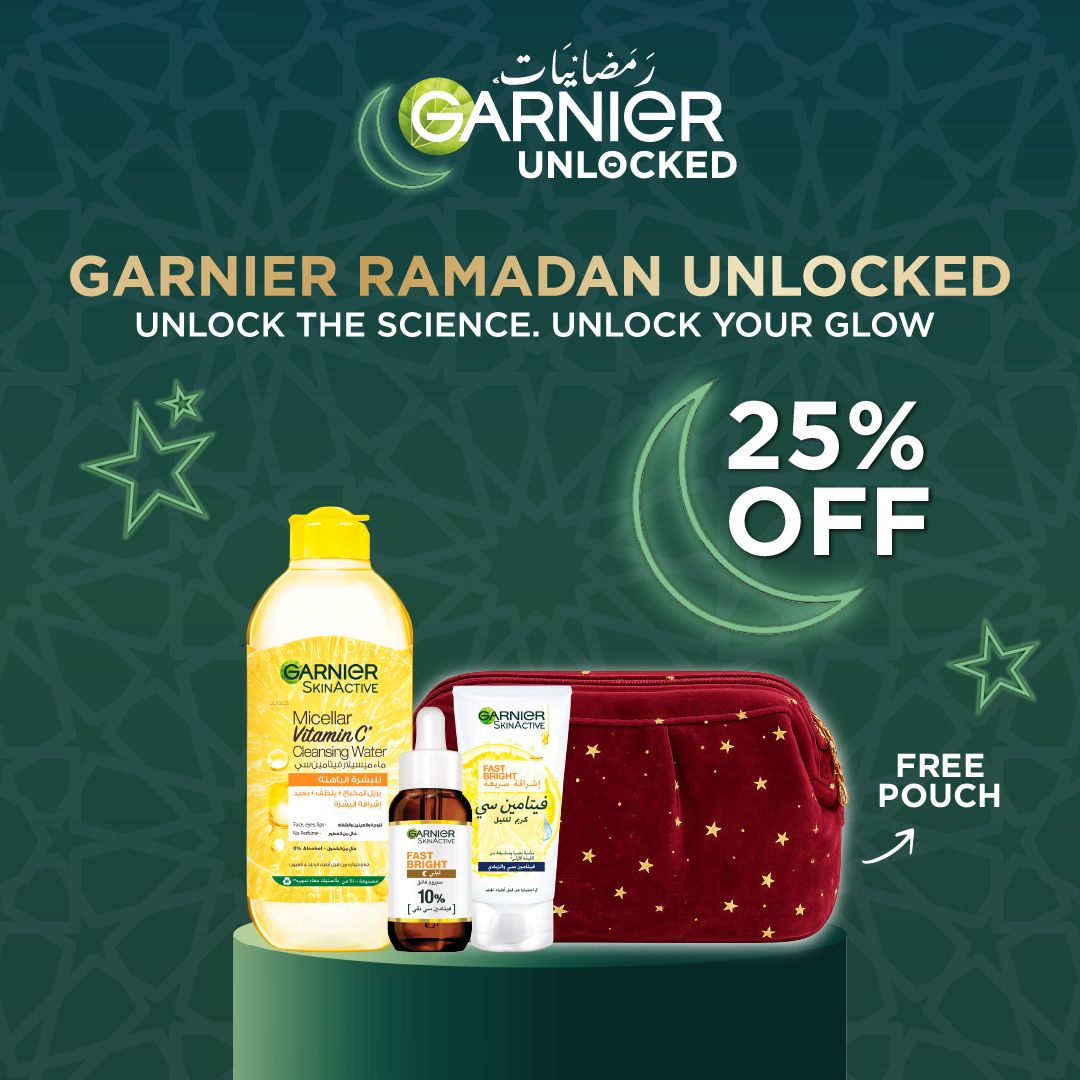 Garnier Vitamin C Micellar Water 400ml + Fast Bright Serum + Cream 25% Off + Free Pouch Ramadan Offer-2