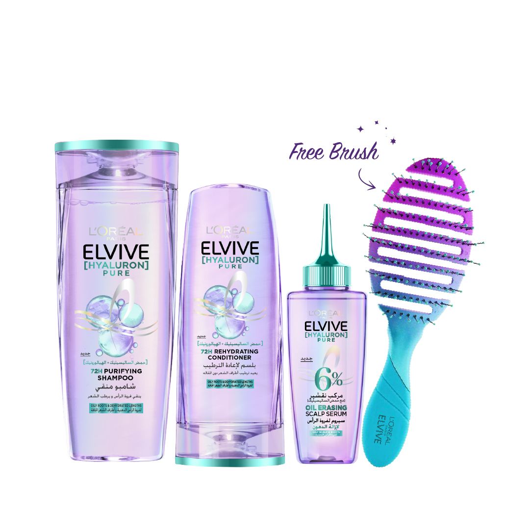 L'Oreal Elvive Hyaluron Pure Set – Purifying Shampoo 400ml   Rehydrating Conditioner 200ml   Scalp Serum 100ml with Free Brush - copy-1