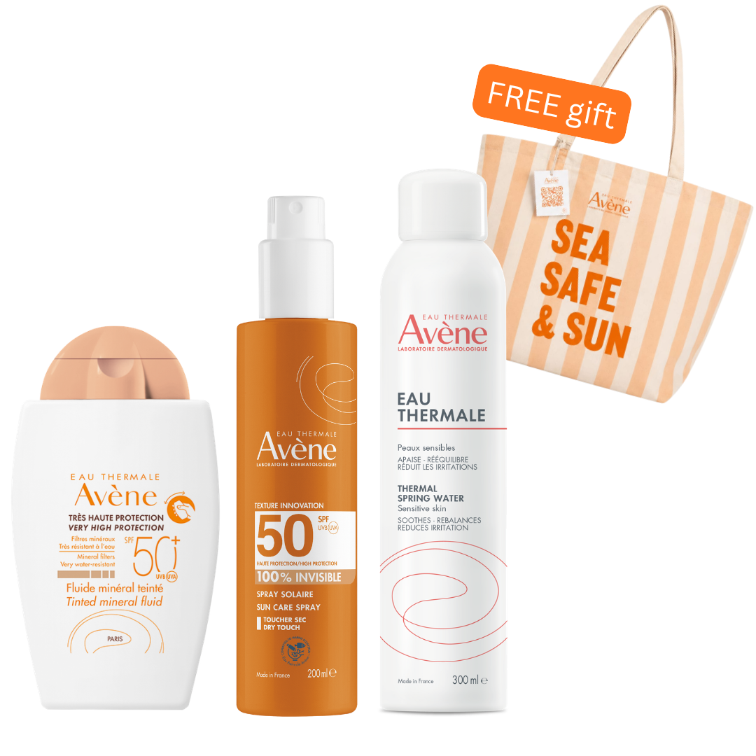 Avene Mineral Sunscreen Fluid Tinted SPF50+ 200ml + Avene Sunscreen Spray SPF50+ + Avene Thermal Spring Water Spray 300ml +Get Free Sea Safe & Sun Tote Bag – Complete Sun Protection Set