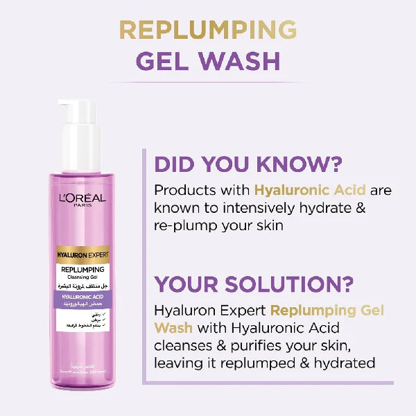 L'Oreal Hyaluron Expert Replumping Cleansing Gel Wash with Hyaluronic Acid 150ml | Hydrating and Replenishing Cleanser for Radiant Skin-2