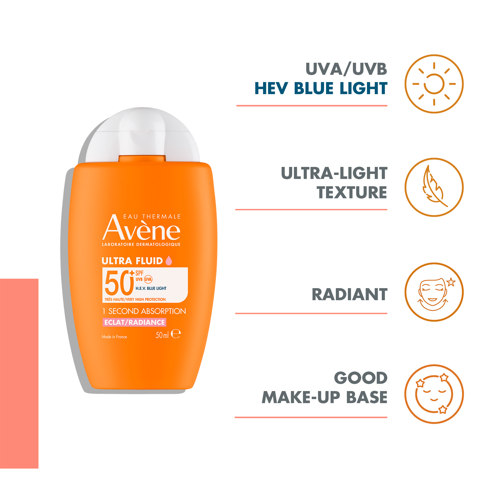 Avene Ultra Fluid Eclat Radiance SPF50+ Sunscreen 50ml | Ultra-Light Hydrating Tinted Sunscreen