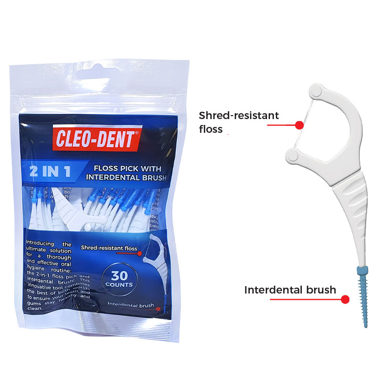 Cleo-Dent 2 in 1 Floss Pick with Interdental Brush 30 pcs – Dual-Action Dental Cleaning-1