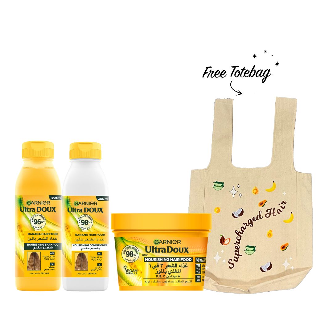 Garnier Ultra Doux Banana Nourishing Hair Food 3-in-1 | Free Tote Bag | Hydrating Shampoo, Conditioner, and Mask-1
