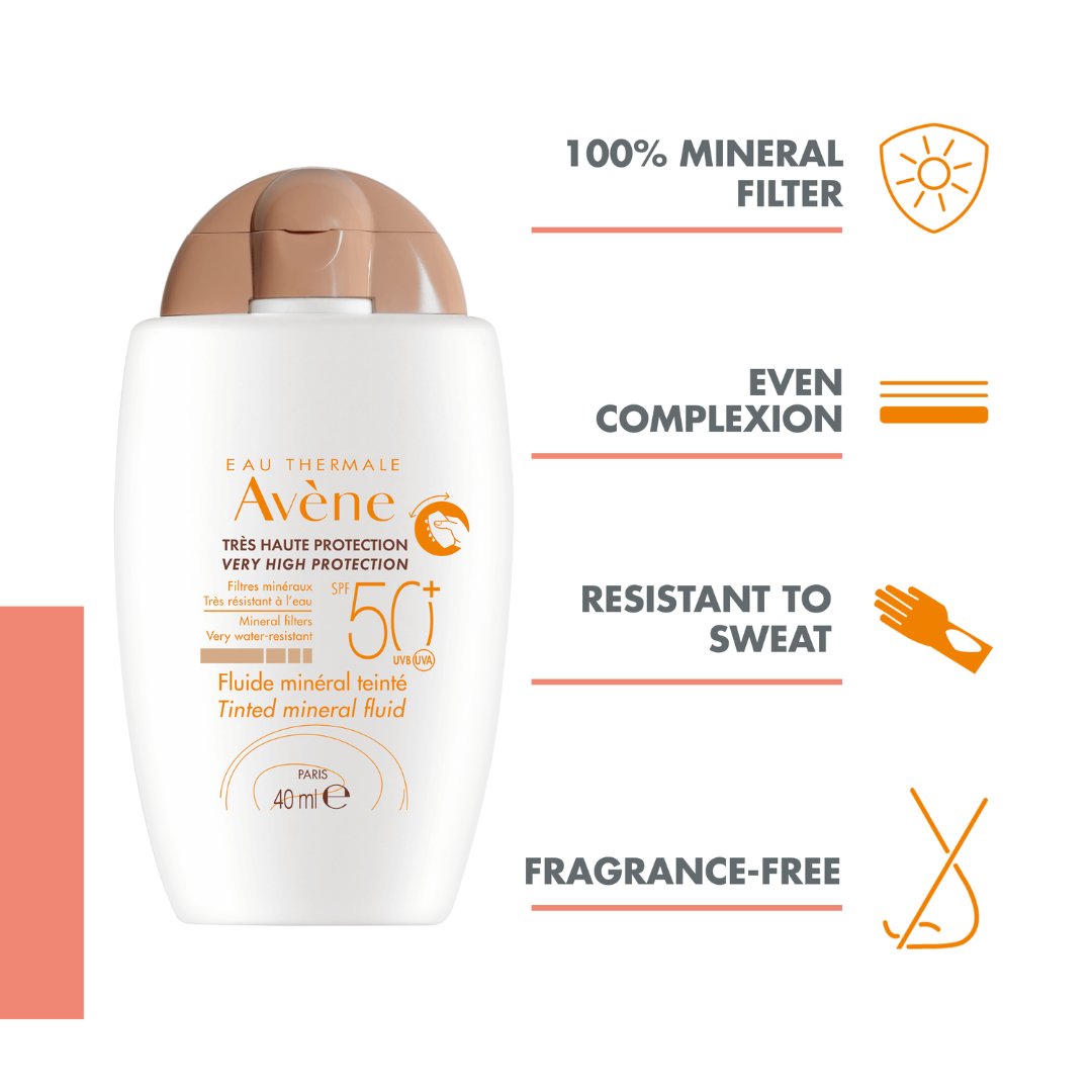 Avene Mineral Sunscreen Fluid Tinted SPF50+ 200ml + Avene Sunscreen Spray SPF50+ + Avene Thermal Spring Water Spray 300ml +Get Free Sea Safe & Sun Tote Bag – Complete Sun Protection Set