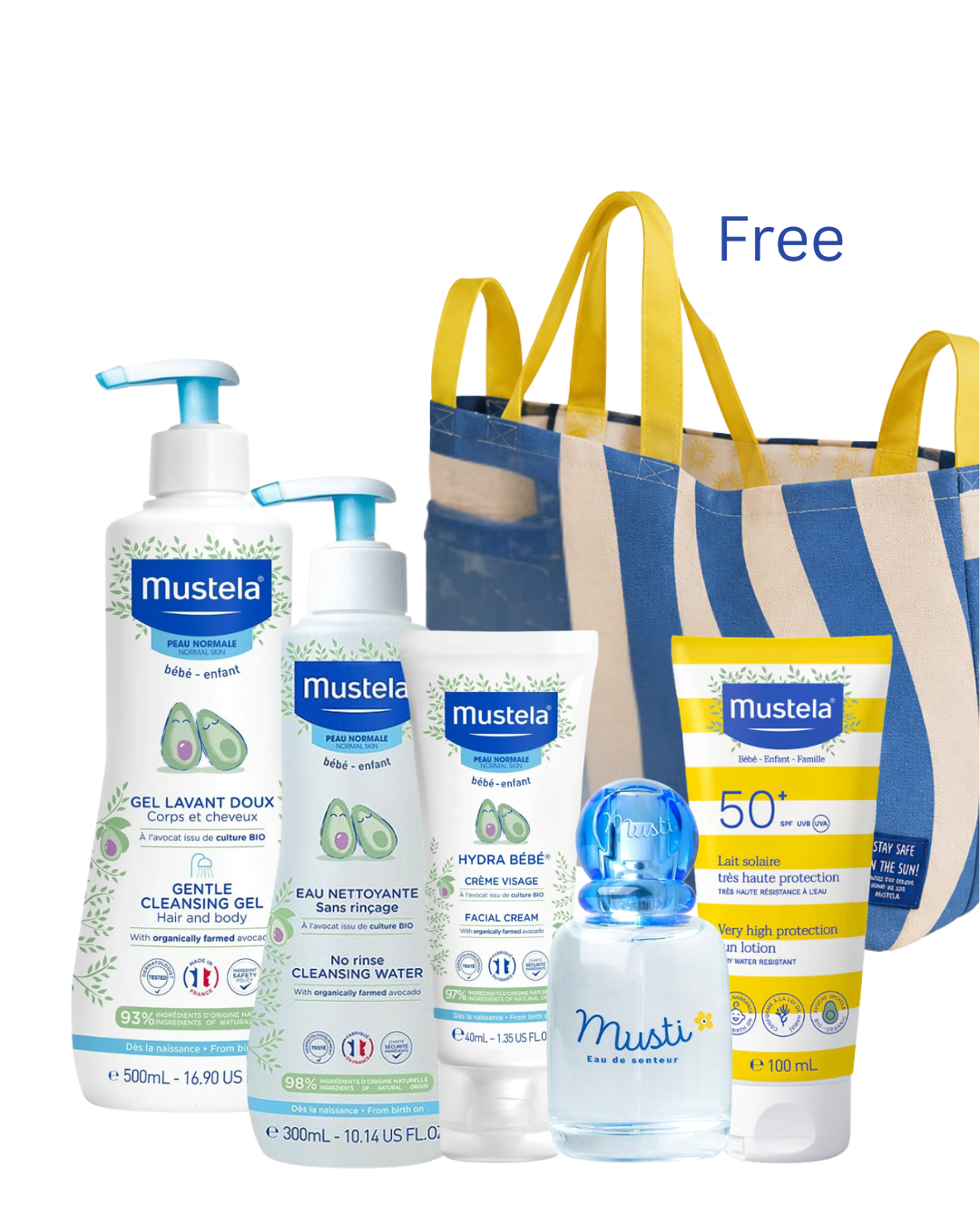 Mustela Baby Care Gift Set | Musti, Hydra Bebe, Sun Protection, Cleansing Water & Hair & Body Gel + Free Baby Bag & 20% Off