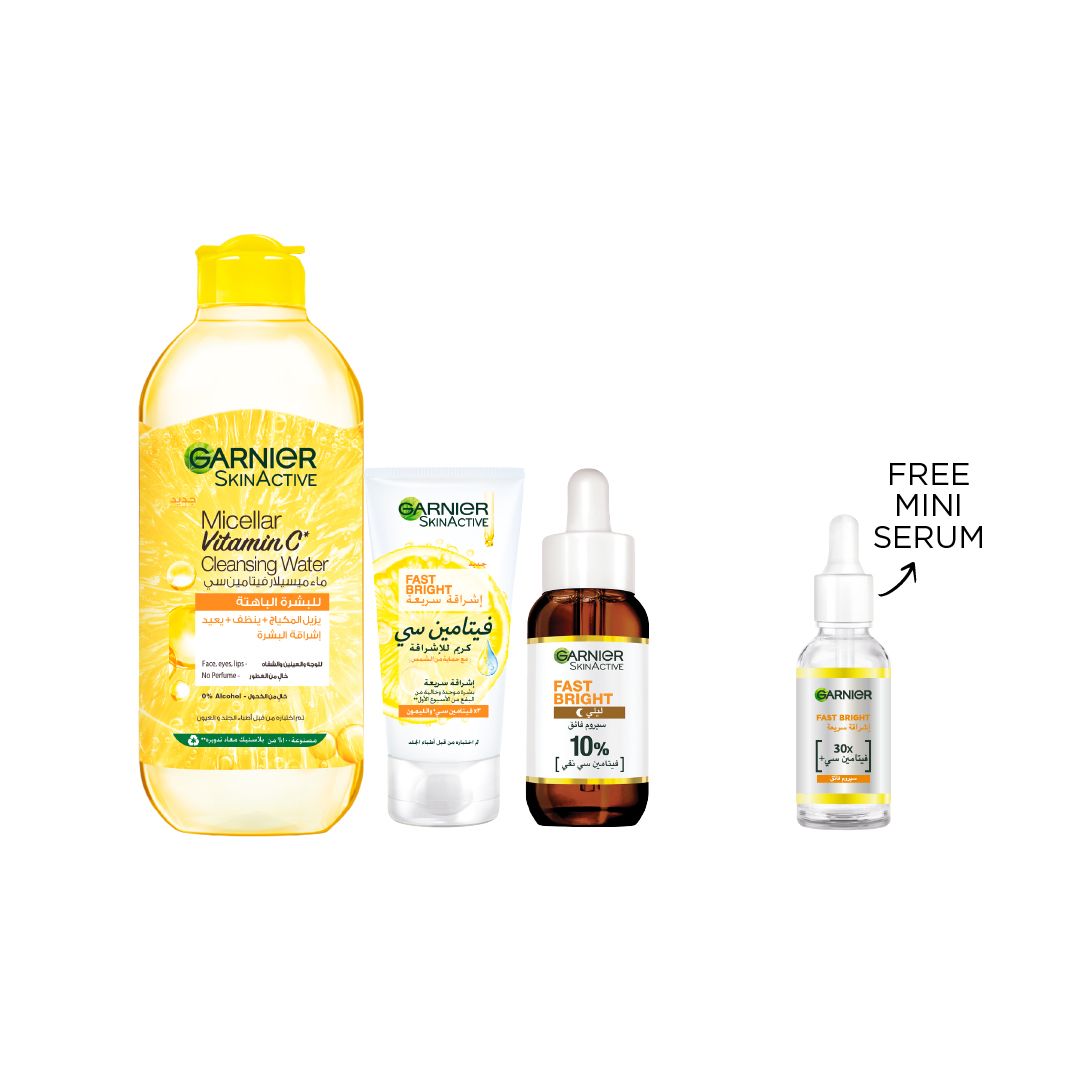 Garnier Vitamin C Micellar Water 400ml + Fast Bright Serum + Cream 25% Off + Free Mini Serum Ramadan Offer (2)-1