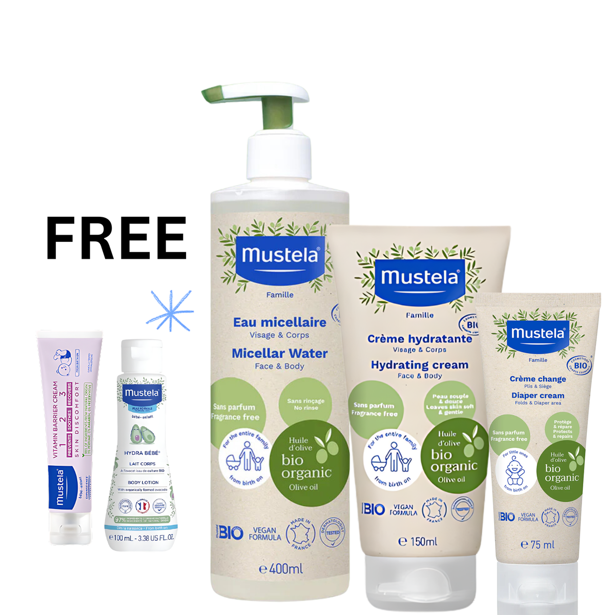 Mustela Bio Organic Gel Lavante Doux 500ml, Organic Hydra Bebe Hydrating Cream - Diaper Changing Cream Get free 100 ml Size Wash and Diaper Cream-1
