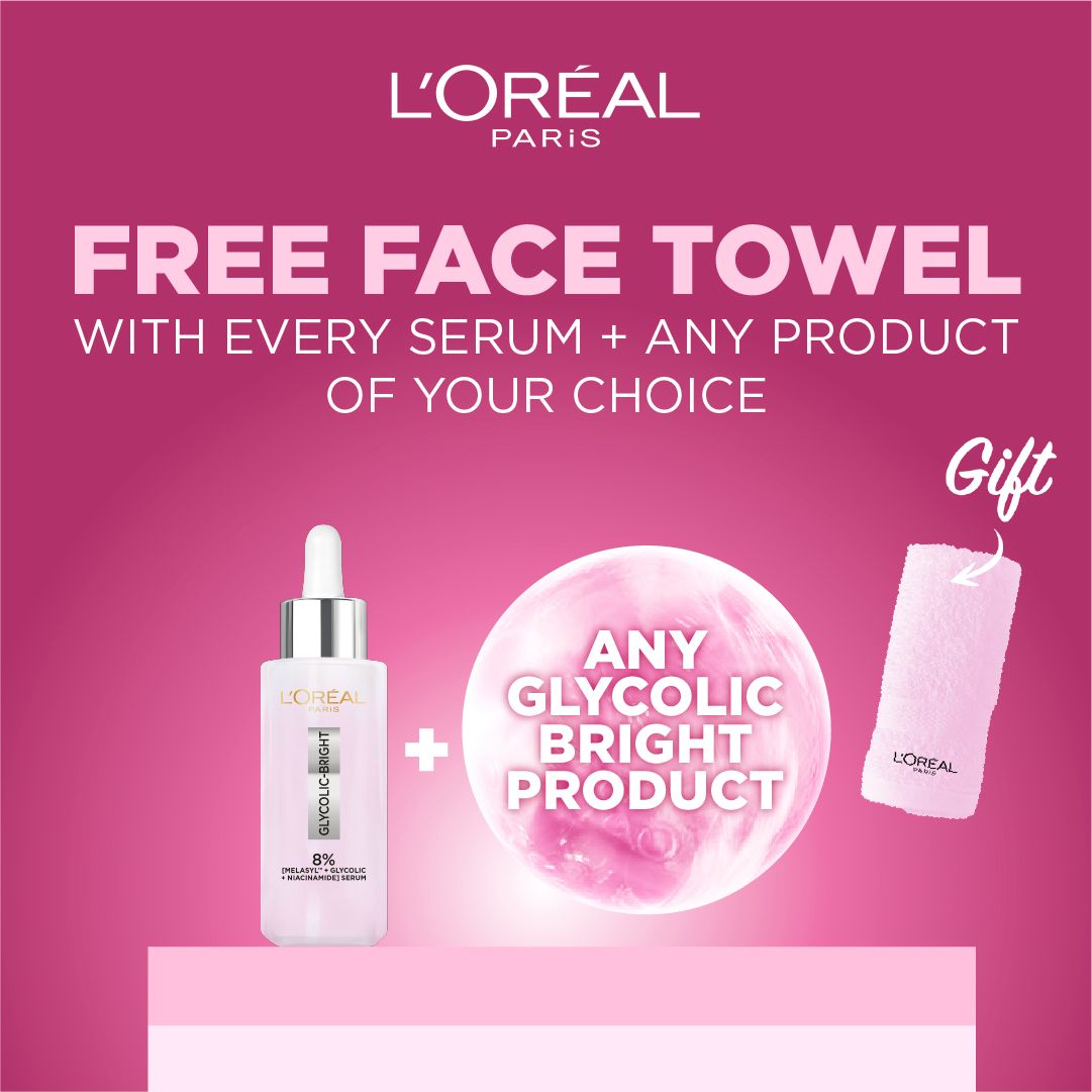 L'Oreal Paris Glycolic Bright 8% Face Serum + Any Glycolic Bright Product Get a Free Towel Gift-2