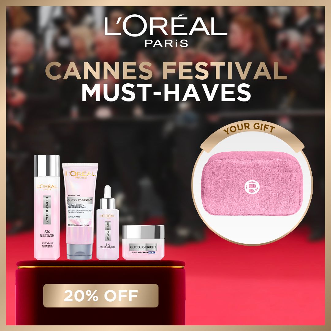 L'Oréal Paris Cannes Festival Glycolic Bright Skincare Set + Free Pink Cosmetic Pouch-3