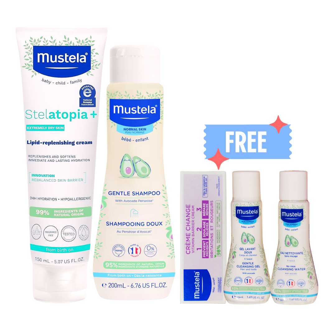 Mustela Stelatopia Lipid Replenishing Cream Anti-Itching, Gentle Shampoo, Frees-1