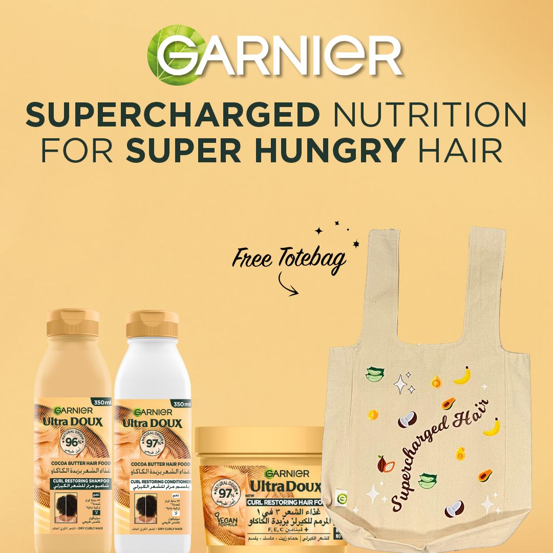 Garnier Ultra Doux Cocoa Butter Hair Food Curl Restoring Shampoo, Conditioner, and Mask Set with Free Totebag-2