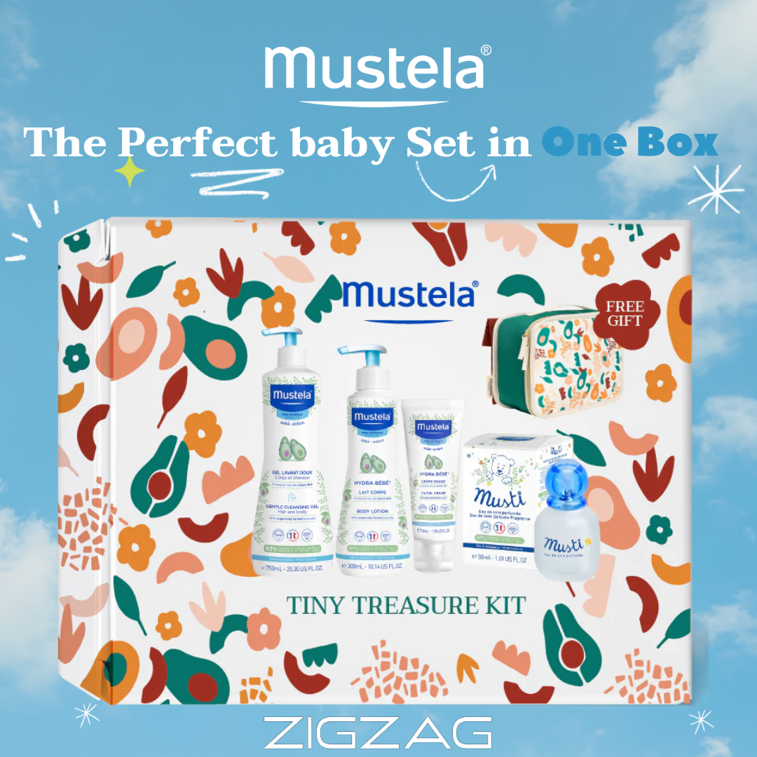 Mustela Baby Essentials Set with Gentle Cleansing Gel, Eau de Soin, Hydra Bebe Face Cream, Body Lotion & Free Pouch-2