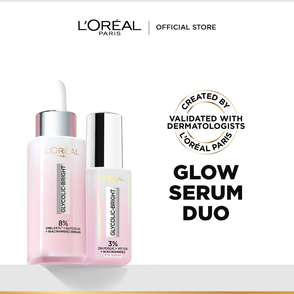 L'Oreal Glycolic Bright Coffret X2 Power Set, Face Serum & Eye Serum – For Brighter Skin & Eyes-1