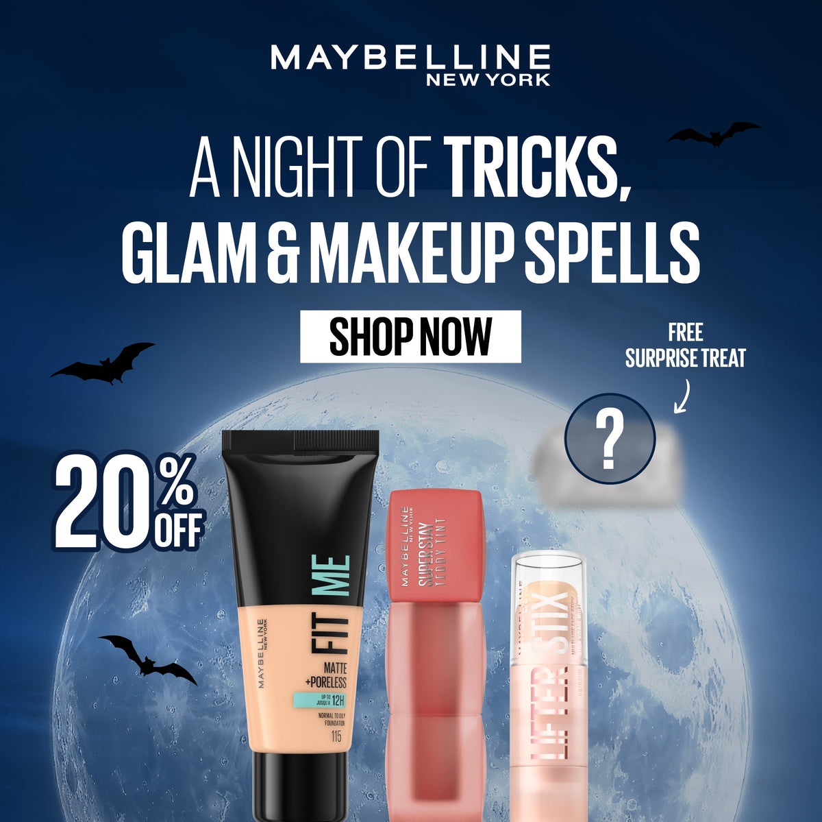 Glam or Trick Base & Lip Makeup Bundle – Maybelline Fit Me Foundation + SuperStay Teddy Tint + Lifter Stix + Free Surprise Treat Get 20% Off