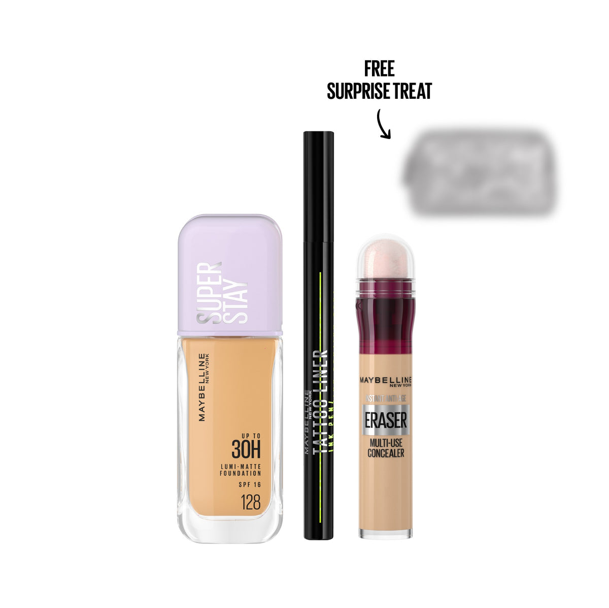 Glam or Trick Super Stay Makeup Bundle – Maybelline Super Stay Foundation + Tattoo Liner + Instant Anti Age Eraser Concealer + Free Surprise Treat Get 20% Off