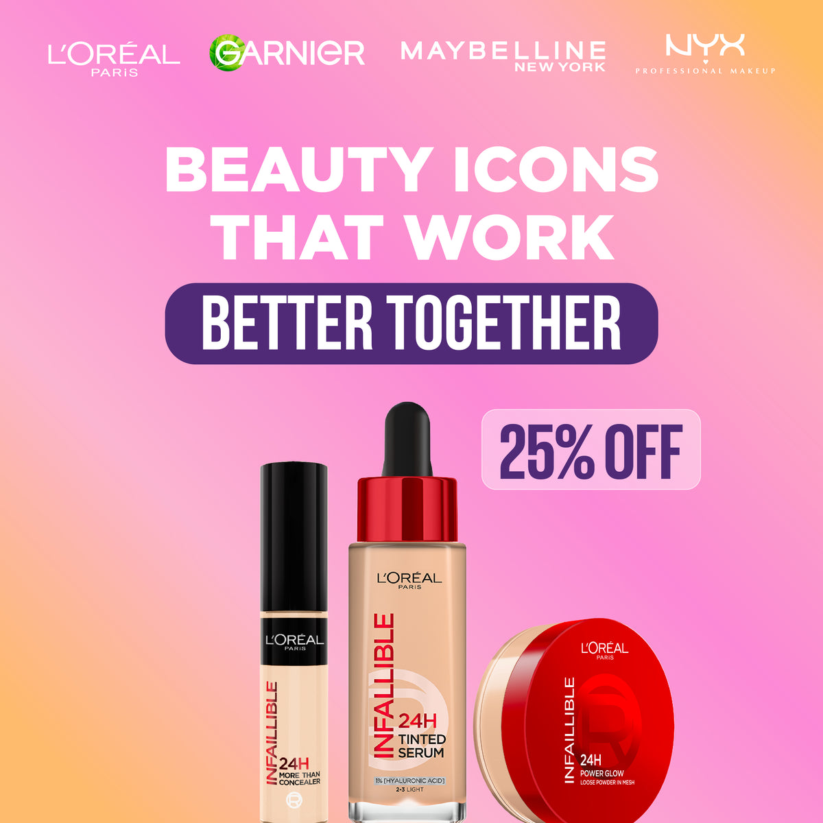 L'Oreal Paris Infallible 24H Tinted Serum + Infallible 24H More Than Concealer + Infallible 24H Power Glow Loose Powder Get 25% Off