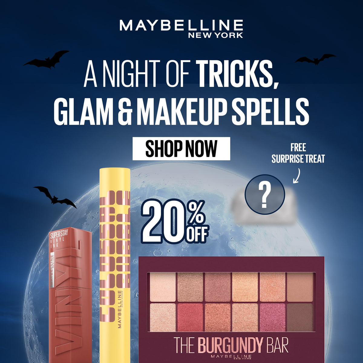 Glam or Trick Makeup Bundle – Maybelline Vinyl Ink Lip Color + Colossal Mascara + The Burgundy Bar Eyeshadow Palette + Free Surprise Treat Get 20% Off
