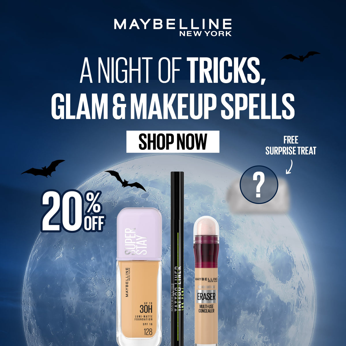 Glam or Trick Super Stay Makeup Bundle – Maybelline Super Stay Foundation + Tattoo Liner + Instant Anti Age Eraser Concealer + Free Surprise Treat Get 20% Off