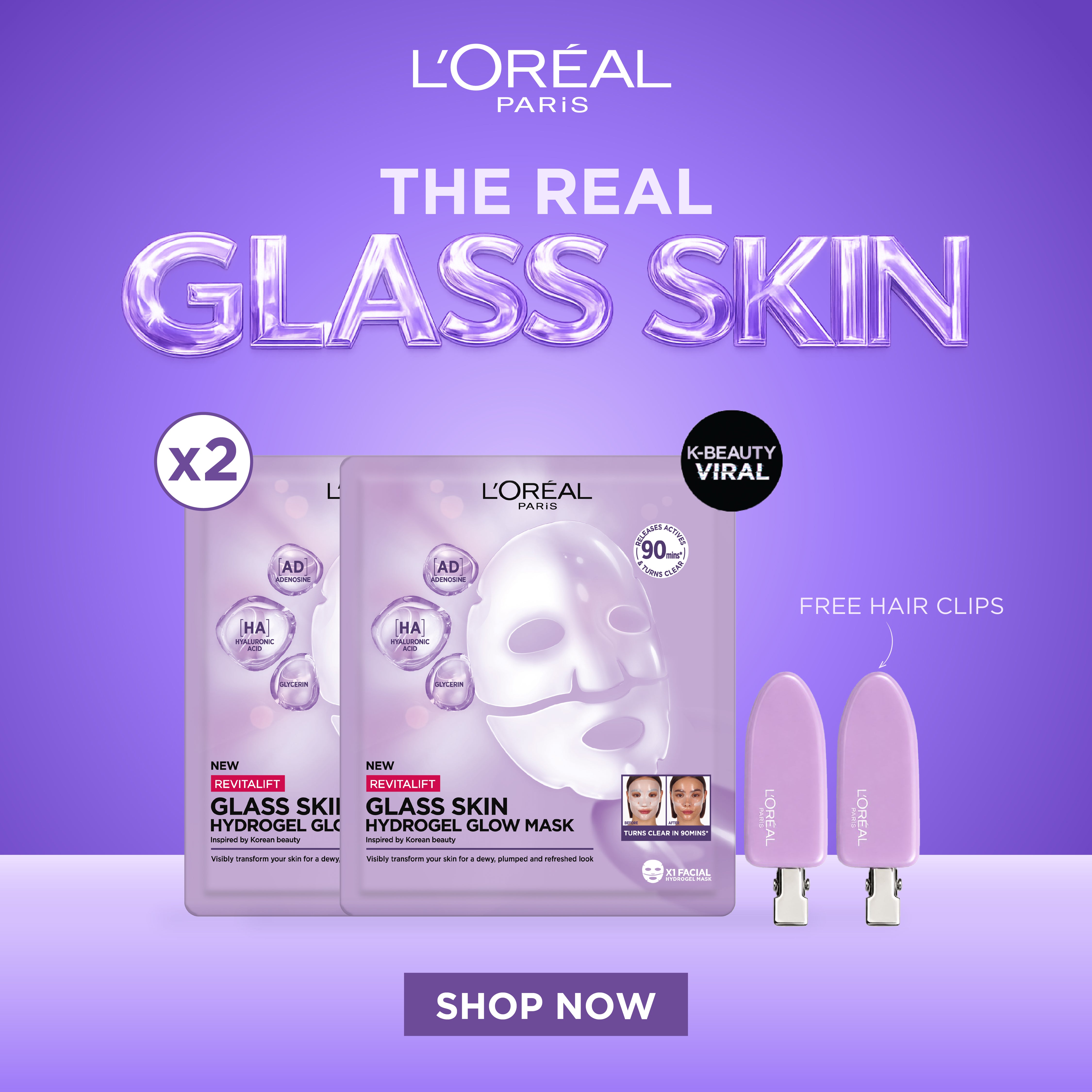 L’Oreal Paris Revitalift Glass Skin Hydrogel Glow Mask x2 + FREE Glass Skin Purple Hair Pins