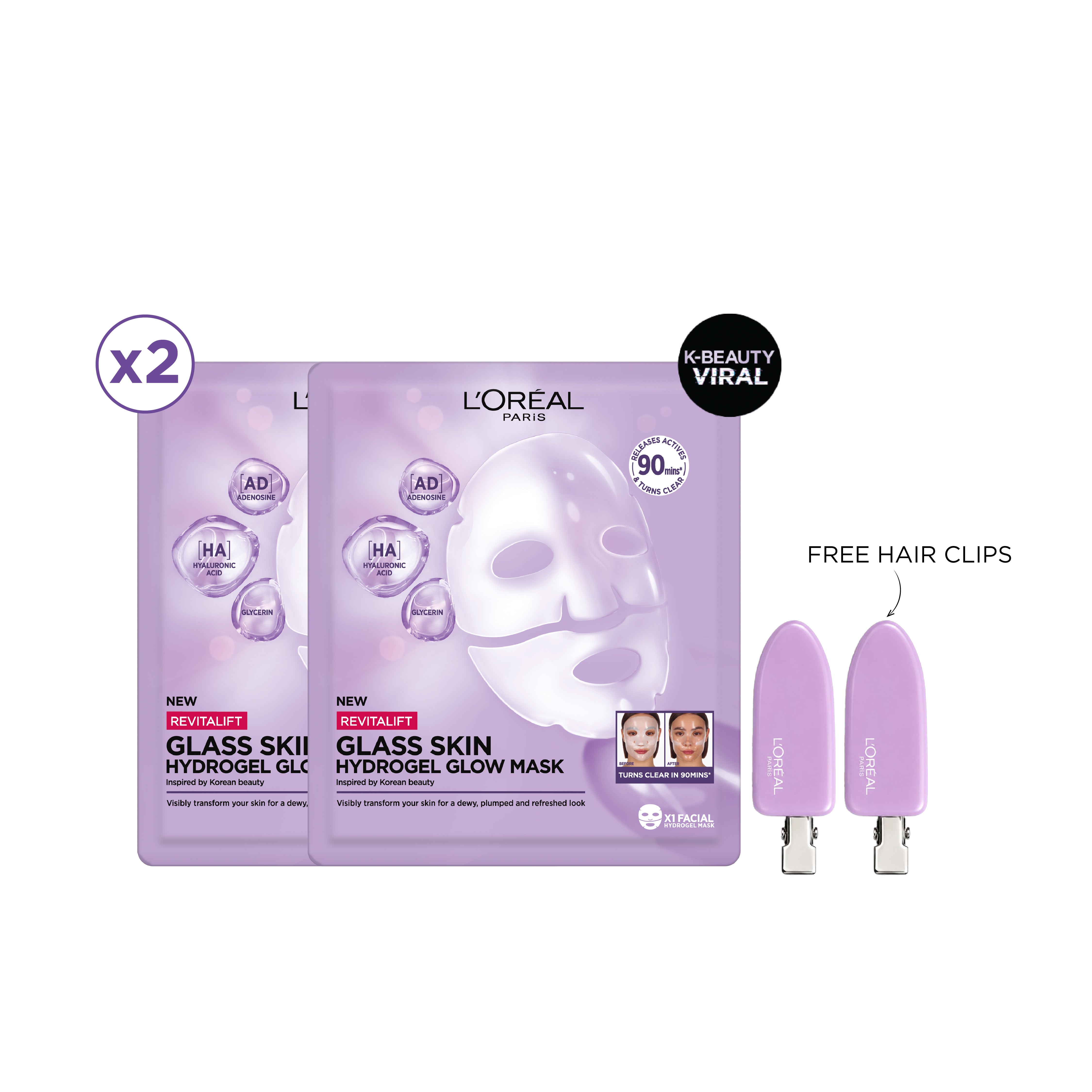 L’Oreal Paris Revitalift Glass Skin Hydrogel Glow Mask x2 + FREE Glass Skin Purple Hair Pins