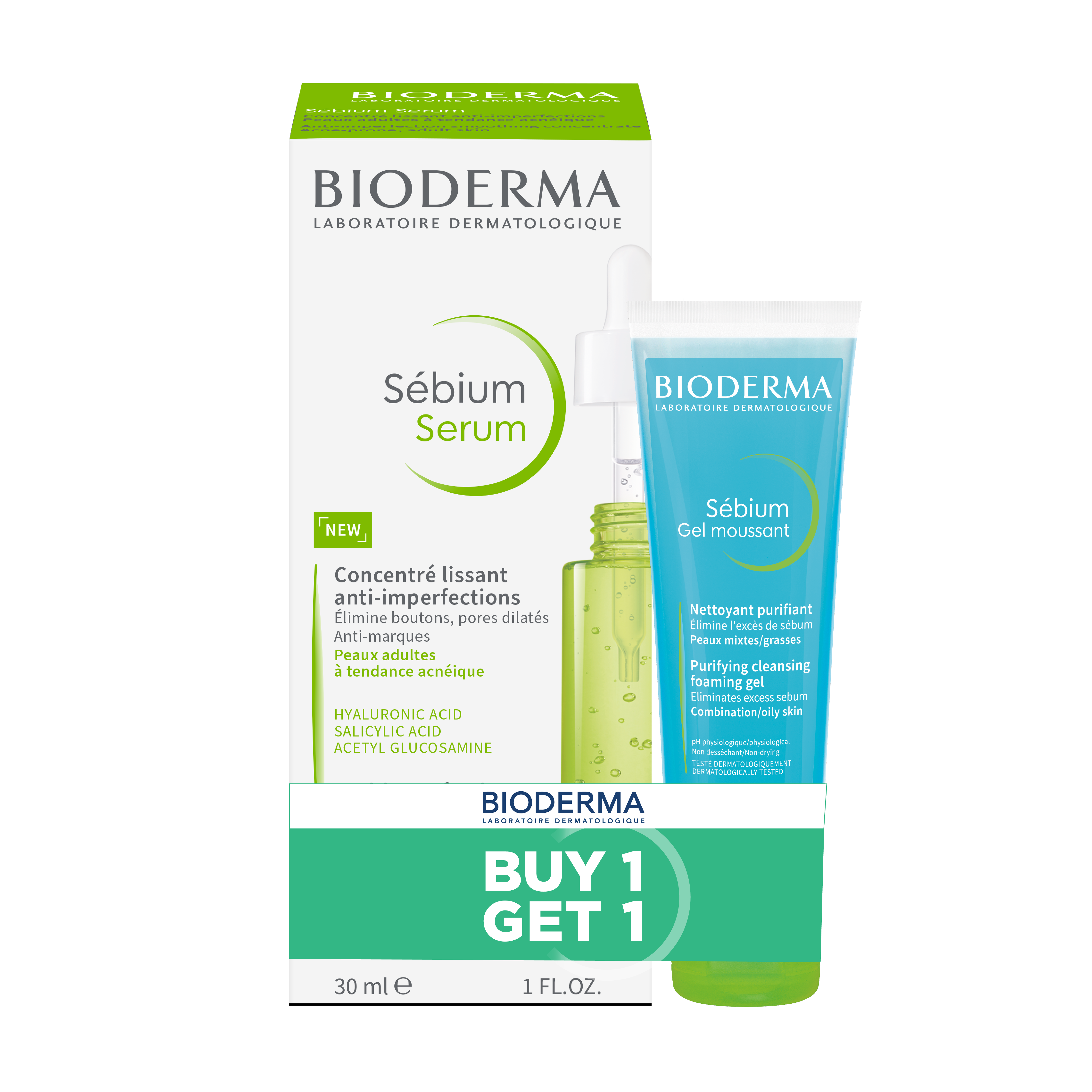 Bioderma Sebium Serum 30ml for Oily & Acne Prone Skin + Bioderma Sebium Gel Moussant Purifying Cleansing Foaming Gel – Buy 1 Get 1