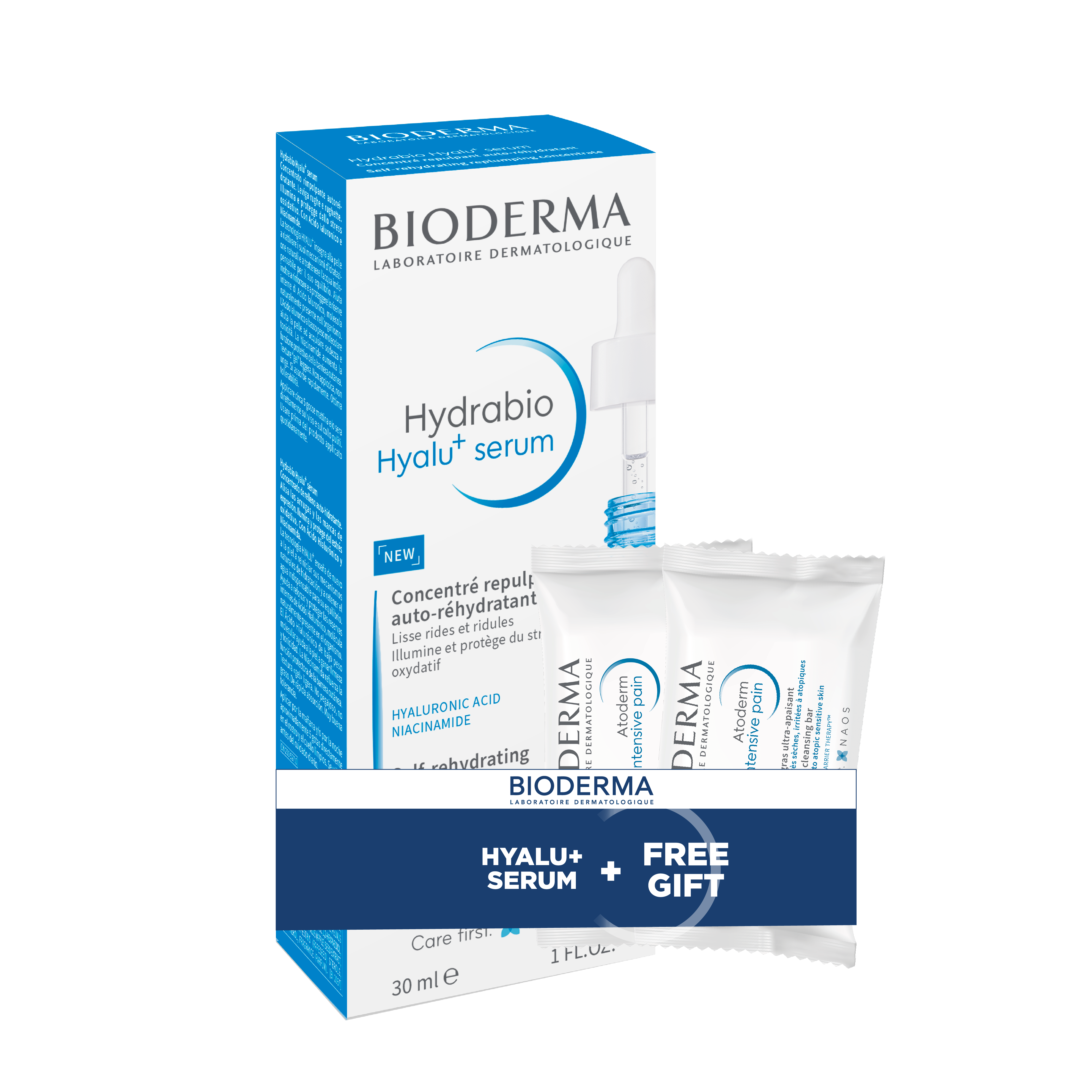 Bioderma Hydrabio Hyalu+ Serum 30ml + Free Atoderm Intensive Pain Ultra-Soothing Cleansing Bar – Gift Set