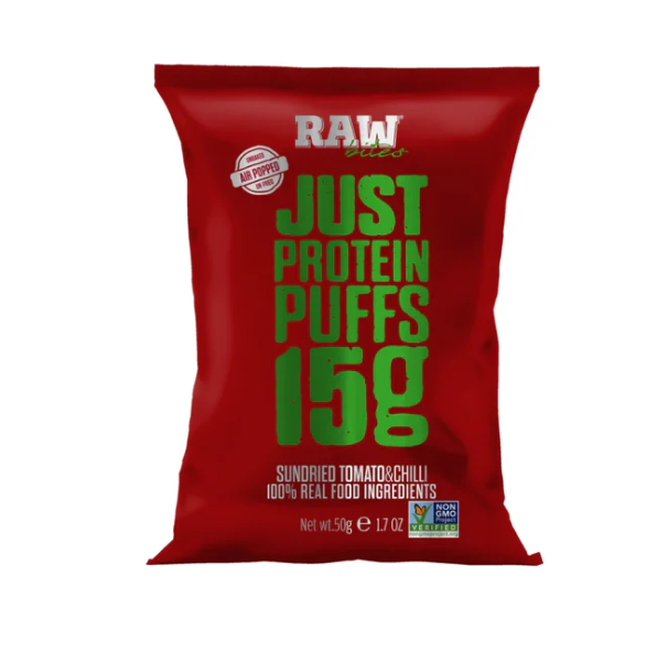 RawBites Sundried Tomato & Chili Protein Puffs 50g – Savory Plant Based Protein Snack