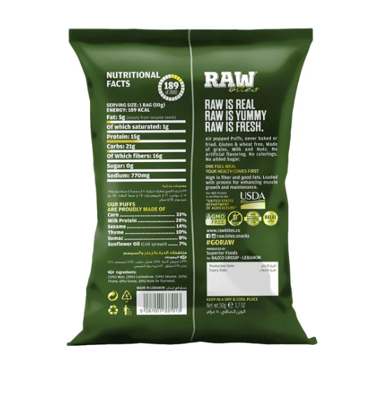 RawBites Thyme &amp; Sesame Protein Puffs 50g – Savory Plant Based Protein Snack