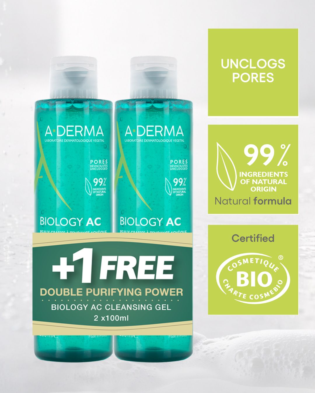 Aderma Biology AC Cleansing Gel 2x100ml Buy 1 Get 1 Free Purifying Acne Cleanser