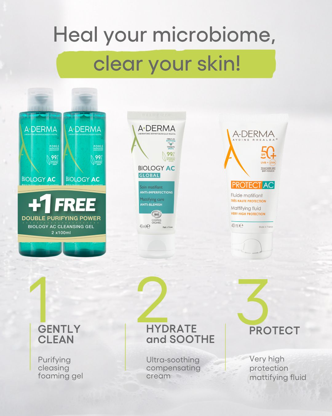 Aderma Biology AC Cleansing Gel 2x100ml Buy 1 Get 1 Free Purifying Acne Cleanser