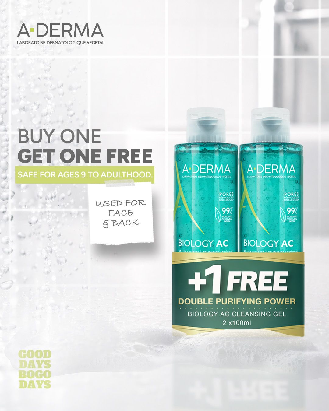 Aderma Biology AC Cleansing Gel 2x100ml Buy 1 Get 1 Free Purifying Acne Cleanser
