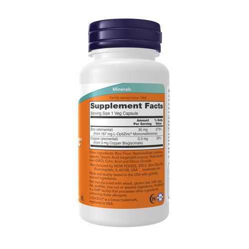 NOW L-OptiZinc 30 mg with Copper 100 Veg Capsules