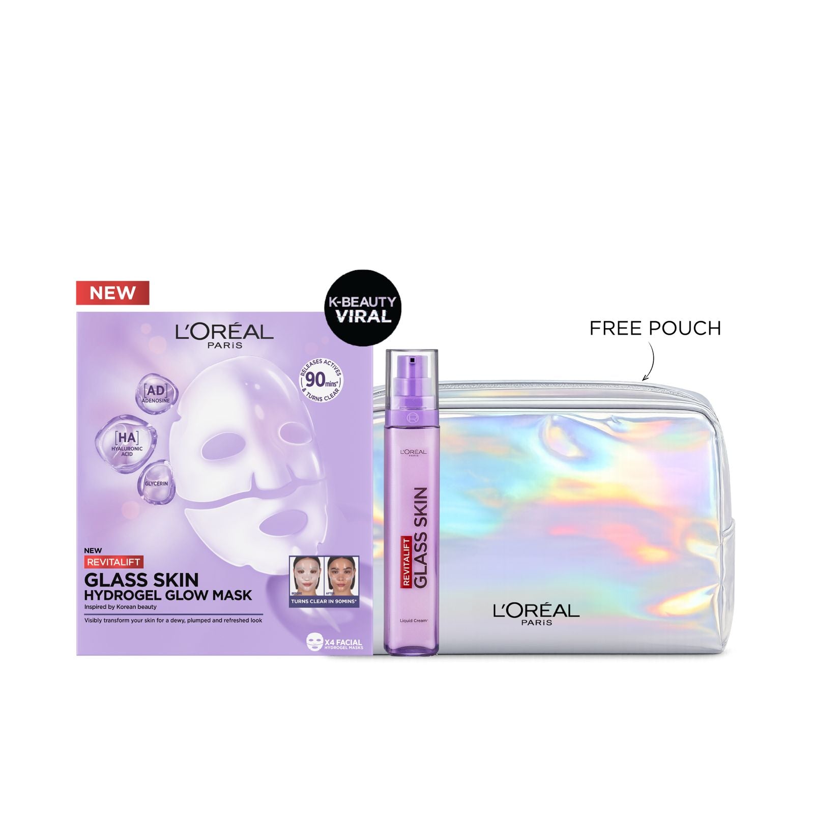 L’Oreal Paris Revitalift Glass Skin Liquid Cream + L’Oreal Paris Revitalift Glass Skin Hydrogel Glow Mask + FREE L’Oreal Paris Pouch