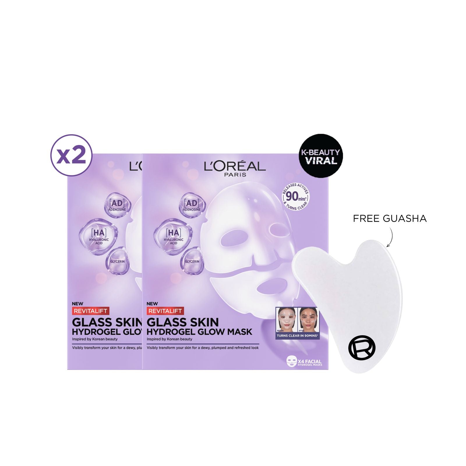 L’Oreal Paris Revitalift Glass Skin Hydrogel Glow Mask x2 + FREE Gua Sha Gift