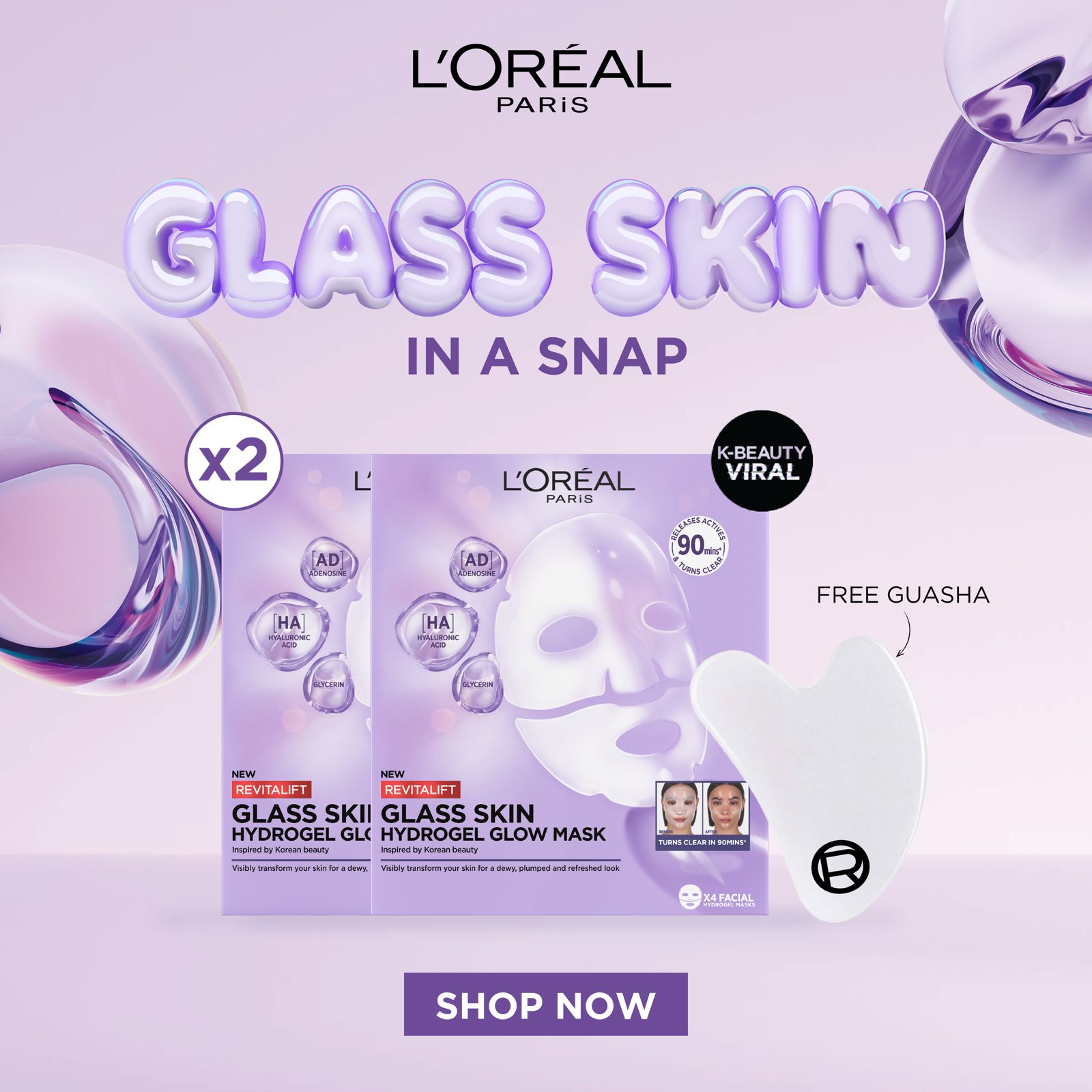 L’Oreal Paris Revitalift Glass Skin Hydrogel Glow Mask x2 + FREE Gua Sha Gift
