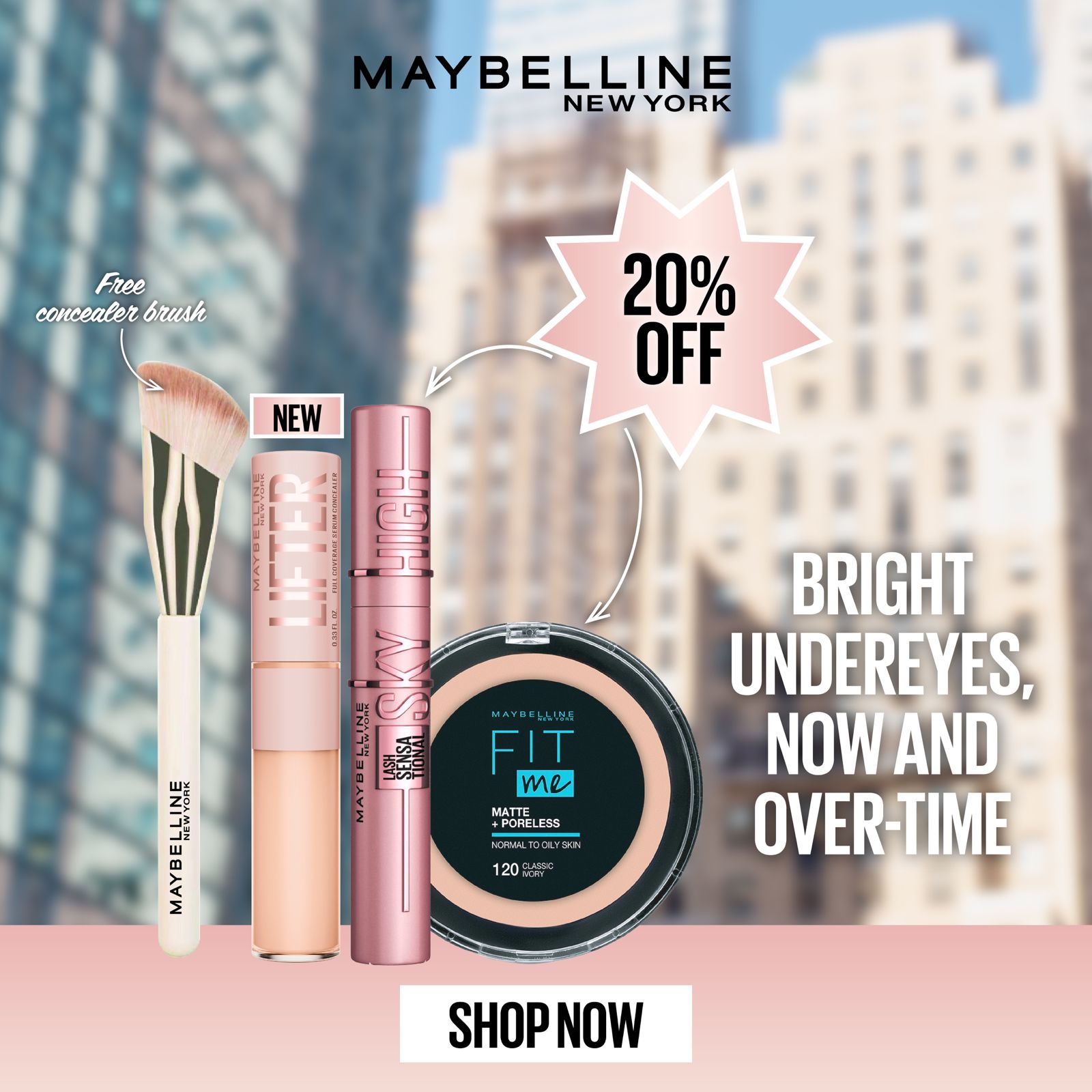 Maybelline Fit Me Matte + Poreless Powder + Maybelline Lash Sensational Sky High Mascara + Maybelline Lifter Full Coverage Serum Concealer Get Free Brush Gift Set