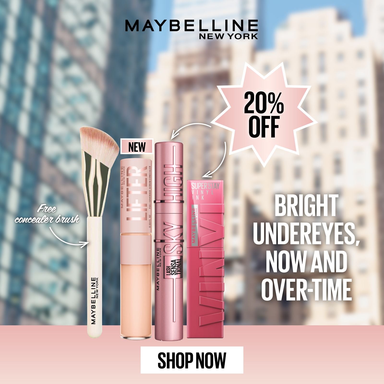 Maybelline Lifter Full Coverage Serum Concealer + Maybelline Lash Sensational Sky High Mascara + Maybelline SuperStay Vinyl Ink + Free Brush Gift Set