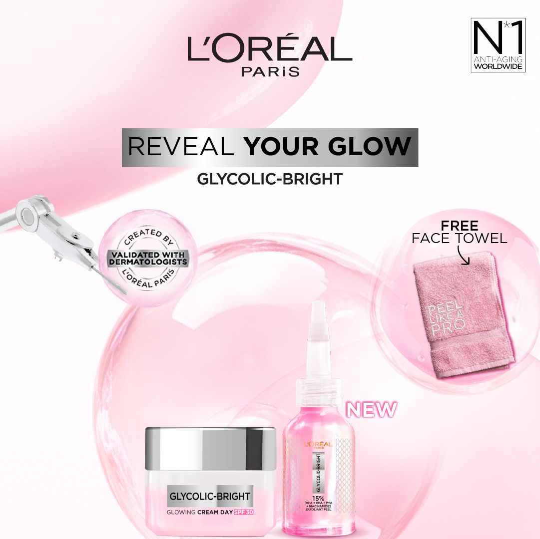 L'Oreal Paris Glycolic Bright Anti-Dark Spot Exfoliant Peel + Glycolic Bright Glowing Cream Day SPF30 Get Free Face Towel Set