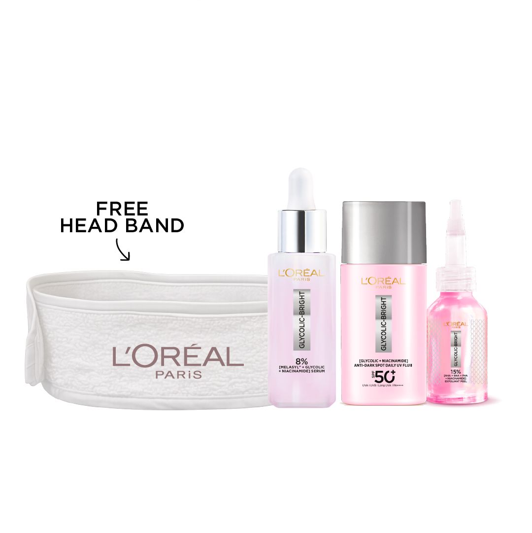 L'Oreal Paris Glycolic Bright Serum + Glycolic Bright Anti-Dark Spot UV Fluid SPF50+ + Glycolic Bright Exfoliant Peel 25ml Get Free Headband Set